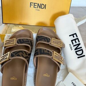Fendi  Brown FF Logo Double-Buckle Slide Sandals